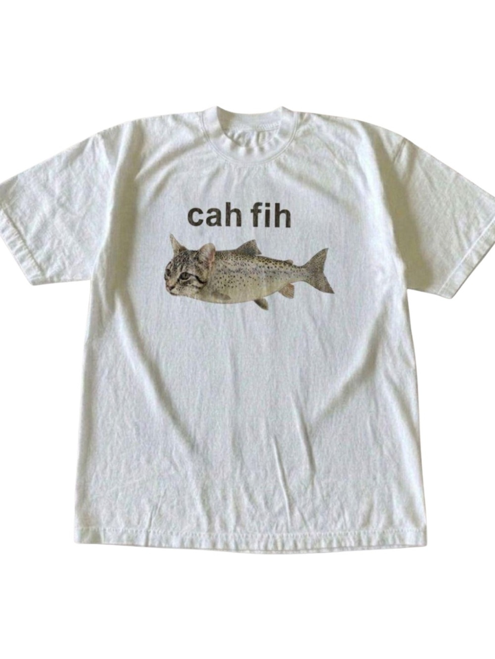Gildan White 'cah fih' Graphic Tee with Cat-Fish Design
